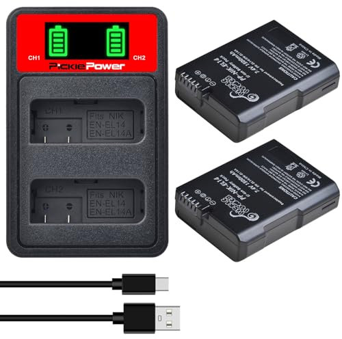 Pickle Power 2X1500mAh EN-EL14/EL14a Batterie et Chargeur LED pour Nikon D5600 D5500 D5200 D5100 D3500 D3400 D3300 D3200 D3100 Coolpix P7800 P7700 P7000 P7200