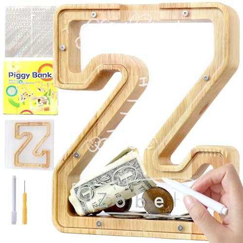 Lakpopya Spardose Kinder Buchstaben aus Holz für A-Z Personalisiert Sparschwein Durchsichtig Alphabet Sparbox, Geschenk Dekoration Taufe für Jungen Mädchen (Z)