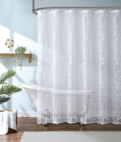 DecoSource Elfenbeinfarbener Spitzen-Duschvorhang – Luxus-Duschvorhang für das Badezimmer oder Boho-Duschvorhänge für Badezimmer – Blattmuster (Weiß, 182,9 cm breit x 213,4 cm lang)