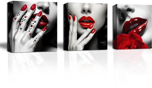 CXHOSTENT Rote Lippen Leinwand Bild 3 Panel Schwarz und Weiß Rote Nägel und Rose Kunstdrucke Mode Frau Bilder für Schönheitssalon Dekor (A, 30.00 x 30.00 cms x 3PCS)