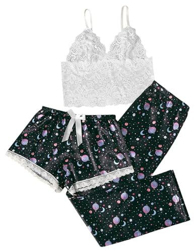 Briskorry Damen Schlafanzug 3er Set Cami Schlafanzug Plaid Pajamas Set Nachtwäsche Schlafhose Bedruckter Schlafanzüge Hausanzug