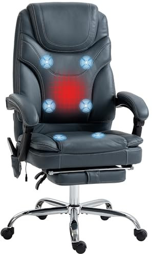 Vinsetto Silla de Masaje con 6 Puntos de Vibración y Calefacción Tapizado en Cuero PU Silla de Oficina Reclinable con Reposapiés y Altura Ajustable 67x67x113-121 cm Gris