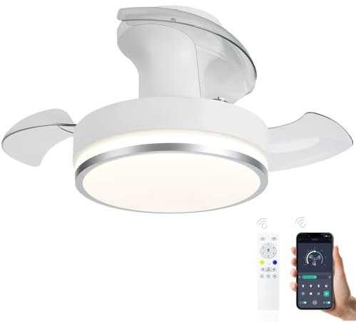 Ventilador De Techo Con Luz Aspas Retráctiles Plafon, 52cm LED Lampara Ventilador Retractil Techo Y Mando, Silencioso Regulable Reversible Motor Dc Plegables Para Dormitorio Salon - Blanco+Plata