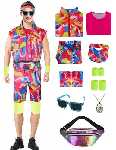 IUTOYYE Herren 80er Jahre Trainingsanzug Strand Hawaiian Beach Party Kostüm Retro Style Disco Outfit Halloween Karneval Cosplay kleidung (Rosa, XL)