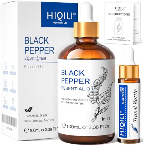 HIQILI Olio Essenziale di Pepe Nero, Puro Olio Naturale di Pepe Nero per Aromaterapia, Diffusore
