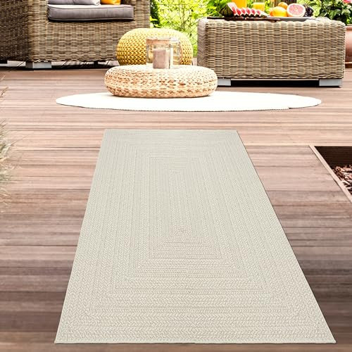 CARPETIA Teppich Outdoorteppich Flurläufer Indoor Terrasse modern wasserfest Balkon Garten rechteckiges Linienmuster Jute-Look Creme, 60 x 180 cm