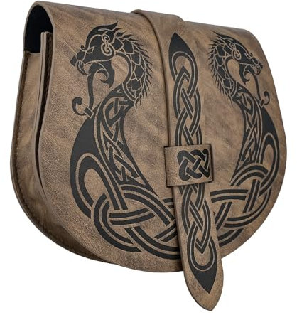HiiFeuer Langskip Gürteltasche mit Wikinger-Prägung, Mittelalterliche Kunstleder-Klappensattel-Seitentasche Geldbörsen, Tragbare Retro-Gürteltasche (Braun A)