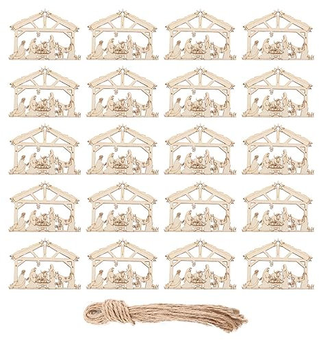 20Pcs Wooden Christmas Nativity Scene Ornaments Set Beige Hanging Decorations for Xmas Tree and Home Decor Featuring Jesus Birth Theme