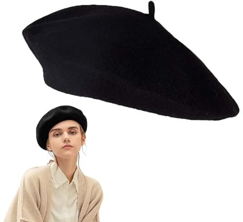 MOAZIFI Klassische Französische Baskenmützen & Barette für Damen, Wolle Baskenmütze, Vintage Look, Künstler Mütze für Frühling Herbst Winter (Schwarz)
