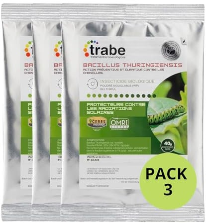 Trabe Bacillus Thuringiensis 3 Stück, 40 g – Raupenfrei - Zünslerfrei Buchsbaum und Raupen Plantura - Buchsbaumzünsler an Buchsbäumen - Respektiert Tiere, Umwelt und Menschen