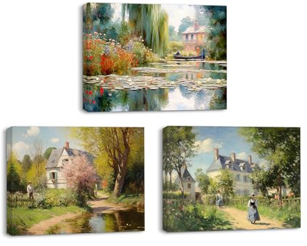 Piy Painting 3x Peinture sur Toile Belle vue sur la campagne, Fleurs et arbres, Impression sur Toile, Art et affiche pour Salon Salle de bain Bureau Décoration Murale 40x30 cm, Cadre Intérieur