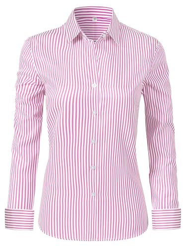 Ruisin Chemise boutonnée super douce et infroissable pour femme - Manches longues - Rayée - Robe de travail formelle, 760_rose, Taille M