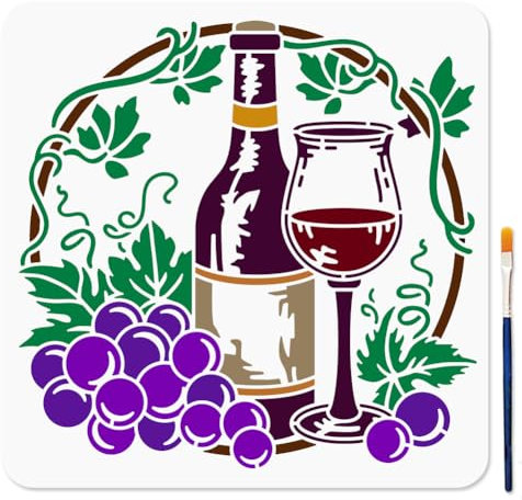 MAYJOYDIY Traubenwein Schablone 30x30cm Weinflasche Wiederverwendbare Kunststoff Schablonen Mit Pinsel Vintage Reben Vorlagen Zum Basteln Auf Fenster Holz Wand Heimdekoration