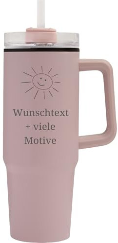 Personalisierbarer To-Go Partybecher mit Henkel, Deckel, Strohhalm - Farbe Pink, 900 ml groß - XXL Trinkbecher, rosa Henkelbecher mit Gravur Name, Spruch, Motiv - Geschenkidee