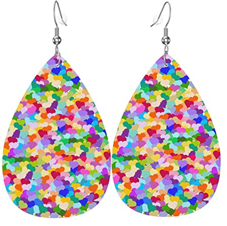 Generic Regenbogen-Herz-Konfetti Leder Ohrringe - Silber, Träne, Dangle, Französischer Clip - Ohrringe