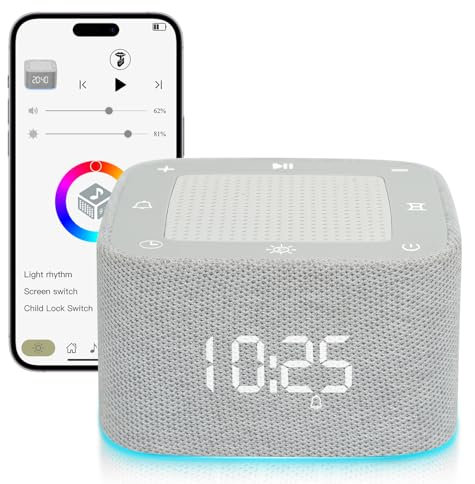 GOQELK Machine à son - Réveil 32 sons apaisants, lumière RVB, contrôle par application, minuterie, haut-parleur Bluetooth, lumière de réveil, sommeil lourd