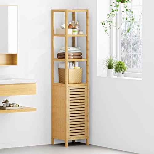 SogesPower Armoire de Salle de Bain en Bambou avec Étagère à 5 Niveaux avec Portes, Meuble de Rangement Colonne Multifonctionnelle pour Salle de Bain, Cuisine ou Salon, 33 x 34 x 170 cm