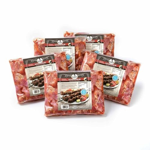 BARIN Schaschlik Schweinenacken mariniert (5kg, 1kg pro Packung) vakuumiert | Schaschlik aus Deutschland TK gewürzt Schweinefleisch Nacken ohne Geschmacksverstärker für Grill BBQ Gartenparty