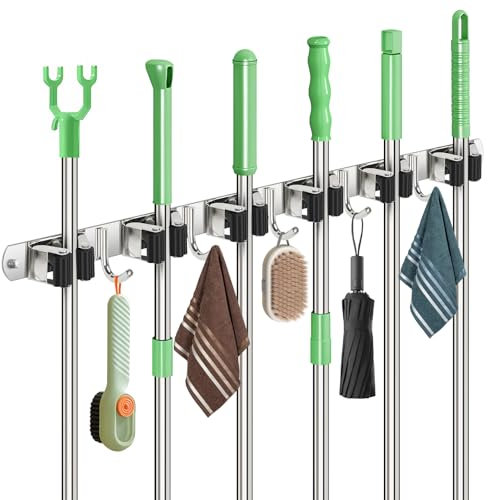Sampoes Broom Holder Wall, Broom Holder, Stainless Steel, Tool Holder, Wall Mount with 6 Holders and 5 Hooks, Broom Hanging Garden Tool Holder, Broom Mop Holder for Home, Garden, Kitchen, Garage