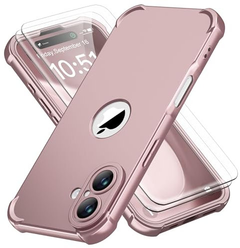 ORETECH Coque pour iPhone 16 + 2 Pièces Verre Trempé Protection écran, Antirayures Rigide PC et Souple TPU Arrière Protection Antichoc Qualité Militaire Etui pour iPhone 16 6,1 Pouces, Or Rose
