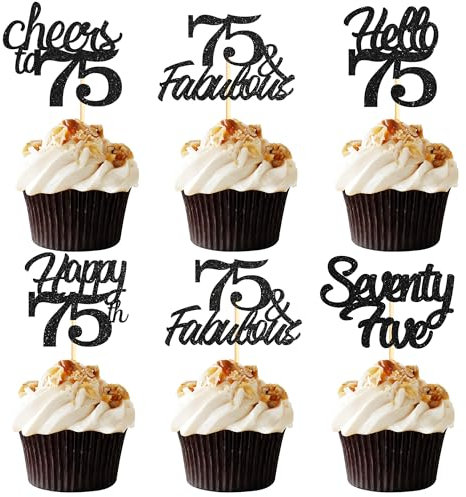 Sotpot 30 Pack 75th Birthday Cupcake Toppers Hello 75 Cheers to 75 Years Cupcake Picks for 75th Birthday Anniversary Party Cake Decorations Black Glitter