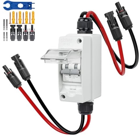 WSPIHO PV Sicherungsautomat 2 Polig für PV Anlage,IP65 Wasserdicht Gehäuse Verteilerkästen,DC Trennschalter Leitungsschutzschalter mit Photovoltaik Kabel (60A DC1000V)