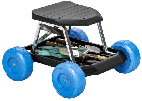 Outsunny Garden Cart with Wheels Gardening Seat with Wheels Blue | Garden Stool Trolley, Tool Tray, Planting, Weeding