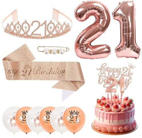 21st Birthday Decorations for Her, Rose Gold Gift Set: Birthday Sash, Tiara, Cake Topper & 6 Small and 1 Big Balloons, Perfect for 21st Birthday Party Decor (A)
