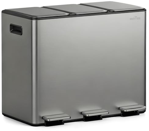 mVm Triple Kitchen Bin,45L Recycling Bin,3 Compartment Rubbish Bin,Stainless Steel Trio Section Food Waste Separation System with Plastic Inner Buckets and Handles,Soft Close,Large Trash Can