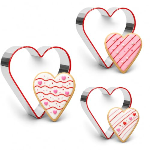 Ausstechformen in Herzform, 5,3 cm, 8,4 cm, 10,9 cm, lebensmittelechter Edelstahl, Herz-Keksausstecher mit schützender roter Oberseite, PVC, für Valentinstag, 3 Stück