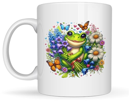 Be Buz Frog and Floral Bouquet Ceramic Mug - Adorable Green Frog with Flowers and Butterflies - 11oz White Coffee, Tea Cup