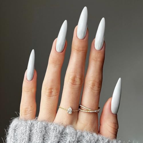 24pcs Extra Long Stiletto False Nails White Press on Nails | Artistic Solid Color Stick on Nail Tips Removable Glue-on Fake Nail Art Accessories for Women