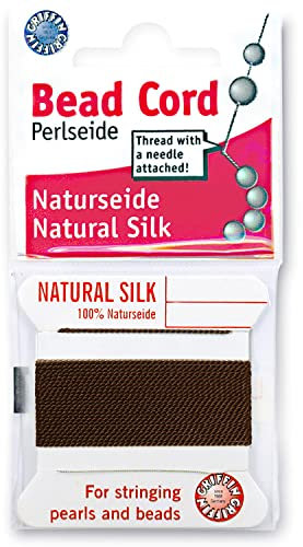Griffin Silk Bead Cord Perlseide – Brown Color – Size 4 (0.60mm) – 2 meters per card – Stainless Steel Needle Attached – For Knotting Pearls, Gemstones, Crystals and Beads