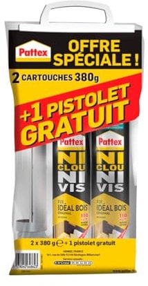 Pattex Ni Clou Ni Vis | Fix Idéal Bois, colle de fixation surpuissante, colle rapide qui permet une prise instantanée, colle blanche, lot de 2 cartouches 380 g + 1 pistolet extrudeur