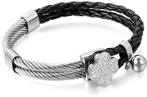 JewelryWe Schmuck Damen Armband, Kleeblatt Charm Geflochten Armreif, Leder Echtleder Edelstahl, Schwarz Silber