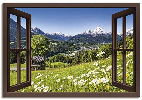 Artland Leinwandbild Wandbild Bild auf Leinwand 130x90 cm Wanddeko Fensterblick Fenster Alpen Landschaft Berge Wald Gebirge Wiese Natur T5TP