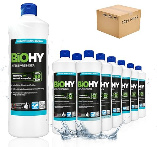 BiOHY Intensivreiniger Universal (12 x 1 Liter) | Hocheffektiver Industriereiniger | ideal für Hochdruckreiniger | Fugenreiniger |Bio Konzentrat für Fliesen & Holzböden | EXTRA STARK & nachhaltig