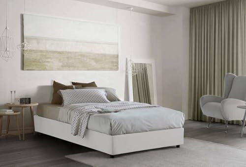 Talamo Italia Letto Piazza e Mezza Camilla, Letto Contenitore con Rivestimento in Tessuto, 100% Made in Italy, Apertura Laterale, Adatto per Materasso Cm 120x190, Bianco