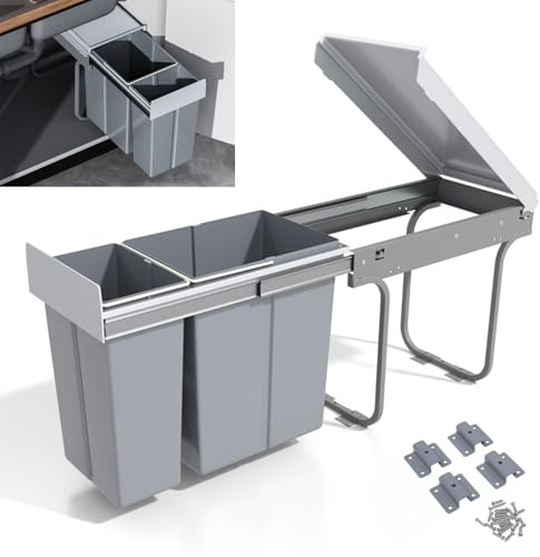 LeHom Sliding Pull Out Trash Can Under Counter Recycling Garbage Bin with Lid Kitchen Cabinet Waste Cans Double 10L + 20L 8 Gallon Cupboard Waste Container, 30 Liters