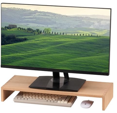 KIRIGEN Holz Monitorständer – Desktop Organizer für PC/Laptop/TV/Drucker | Büro-Aufsatz mit Stauraum Länge 59 Zentimeter natürliche Farbe
