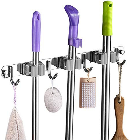 Tallgoo Porte Balai Mural - Accroche Balai en Acier inoxydable, Support Cintre de Rangement pour Cuisine, Buanderie, Garage (3 Emplacements et 4 Crochets,Gris)