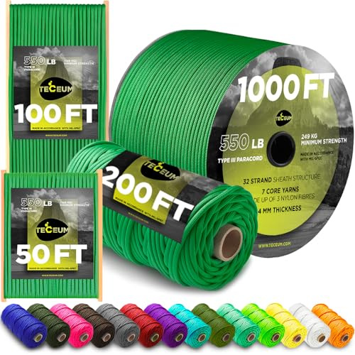 TECEUM Paracord Rope Type III 550 – Tactical MIL-SPEC – Outdoor Para Cord | Green, 60m, Clothesline, Camping Fishing Gear and Equipment, DIY, Parachute Cord 4mm, Strong Survival Utility Rope