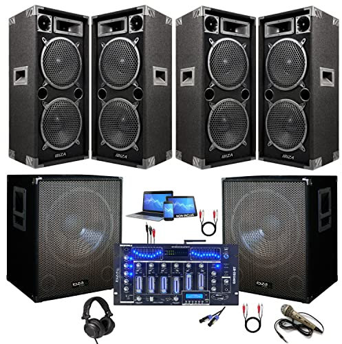 IBIZA SOUND LIGHT - Sono 5600W Total avec 1 Table de Mixage DJM102BT BLUETOOTH USB - 2 Caissons de Basses Amplifiés 1600w Total - 4 Enceintes 4000w Total - Micro, Casque Dj + Câbles Offerts