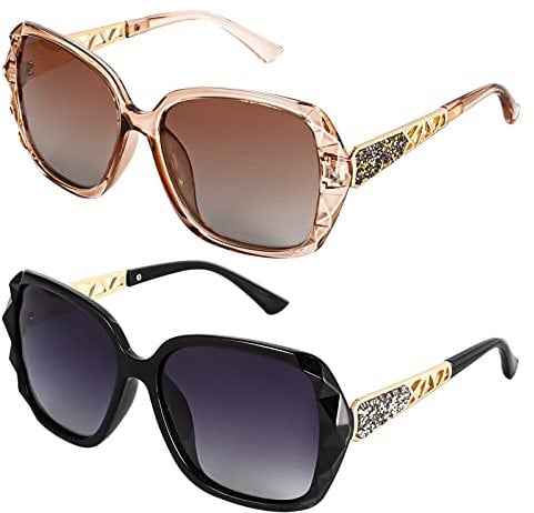 Phoetya Women's Square 2pcs UV 400 Protection Oversized Polarized Classic Shiny Frame Sun Eyeglasses Sunglasses, As Shown in the Picture, One Size