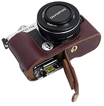 SundayZaZa Bottom Opening Top Layer Real Leather Grip Half Camera Case Compatible with Olympus Pen E-P7 with Tripod Design Dark Brown
