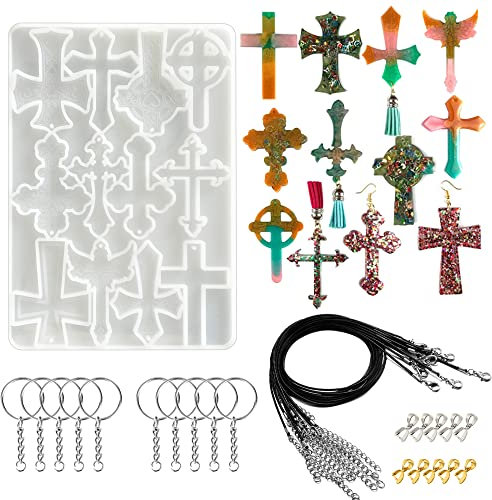 Woohome Moldes de Resina Silicona, Moldes Silicona Resina Epoxi Molde En Forma de Cruz con Hebilla Colgante, Cuerda de Cera Negra, Llavero para Colgante, Collar
