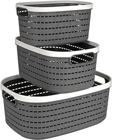 LIVIVO Plastic Woven Effect Storage Basket Kovan– Stackable BPA Free Multipurpose Organiser Bins For Kitchen, Bathroom, Living Room, Bedroom, Desk, Makeup, Cosmetics, Home & Office (Full Set)