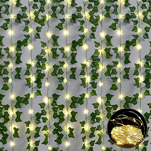 Lierre Artificielle Plantes Guirlandes,16 pcs,110 Ft (33.6m) Vert Vigne Feuille,avec Chaîne Lumineuse 20m 200 LED Décoration,pour Exterieur Célébration,Fêt de Mariage,Cuisine,Jardin,Bureau,Cour,Patio