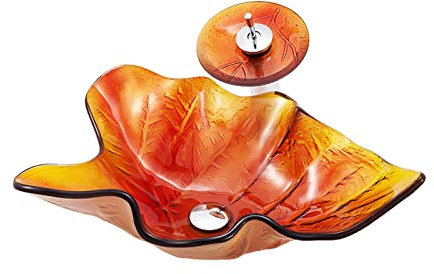 Ksunun Waschbecken Gehärtetes Glas Aufsatzwaschbecken Blattform Design Handwaschbecken mit Messing Wasserfall Wasserhahn und Wasserablauf, Waschschale für Bad,Rot
