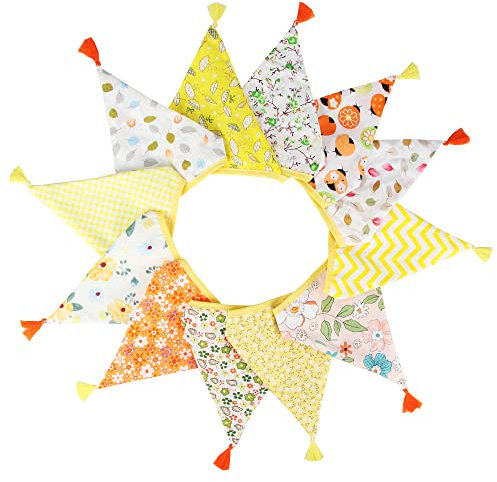 G2PLUS Fabric Bunting Banner with Tassel, 3.3M Double Sided Cotton Tassel Banner with 12 Yellow Triangle Pennants, Vintage Cloth Garlands for Nursery Bedroom Playhouse Decoration